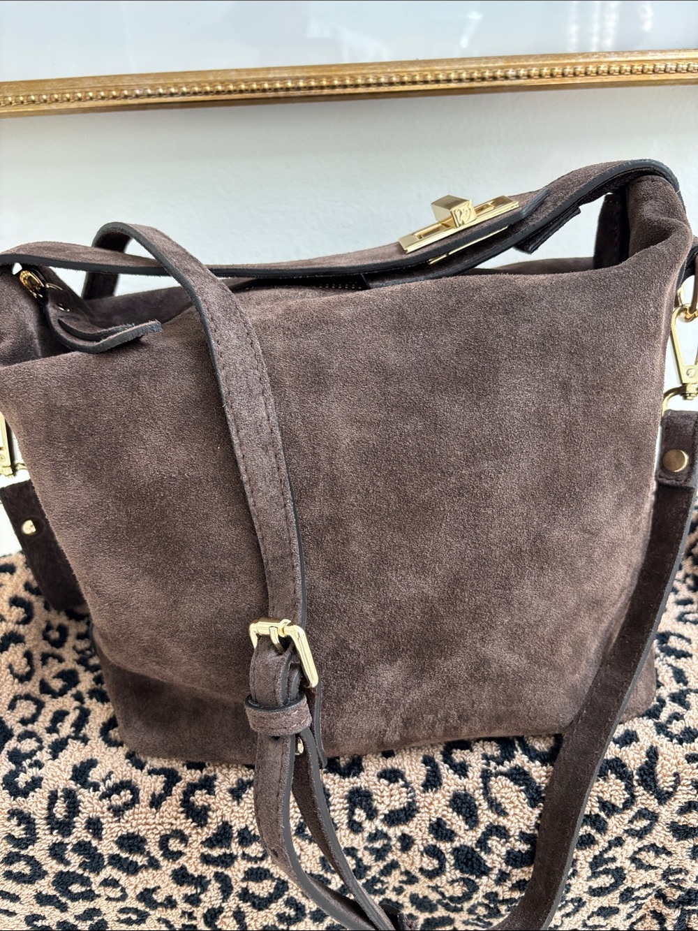 Suede Crossbody Shoulder Bag in Dark Brown